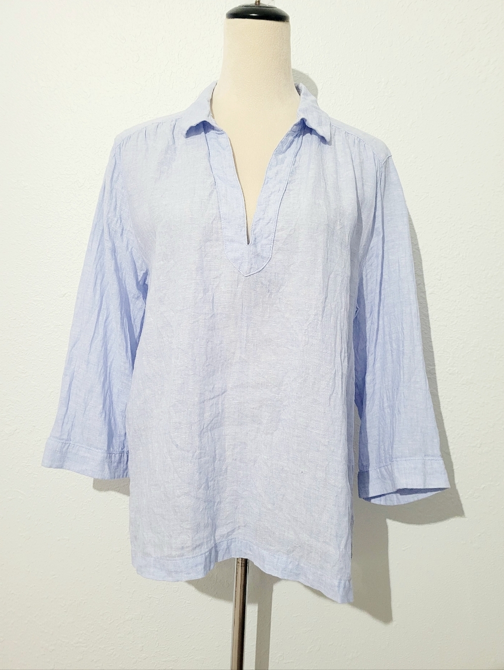 Sigrid Olsen 100% Linen Tunic Top Women Large Blue Popover Beach Coastal Boho - Picture 3 of 14